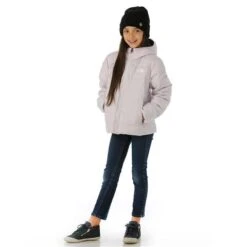 The North Face Reversible North Down Hooded Jacket - Girl's -Ski Series FW23 TNF GirlsReversibleNorthDownHoodedJacket LavendarFog Model2