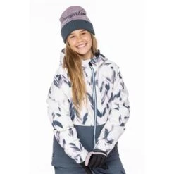 686 Athena Insulated Jacket - Girl's -Ski Series fw23 686 girlsathenainsulatedjacket whiteherringbonecolorblock 1