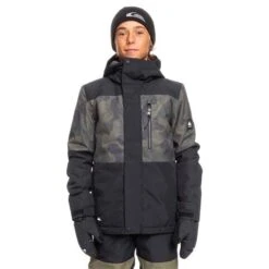 Quiksilver Mission Printed Block Jacket - Boy's -Ski Series fw23 quiksilver boysmissionprintedblockjacket trueblackfadeoutcamo 1